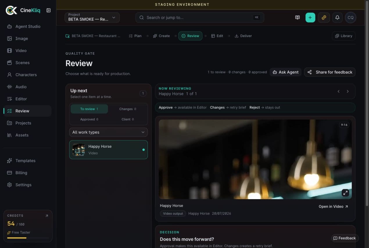 Review and deliver shown inside the real CineKliq application